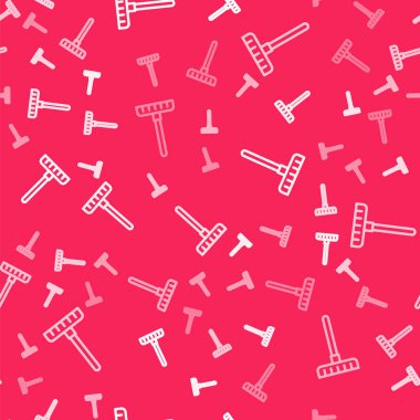 Beyaz çizgili bahçe tırmık ikonu kırmızı arka planda izole edilmiş pürüzsüz desen. Bahçecilik, tarım, çiftçilik aleti. Toprak işçisi. Temizlik ekipmanları. Vektör