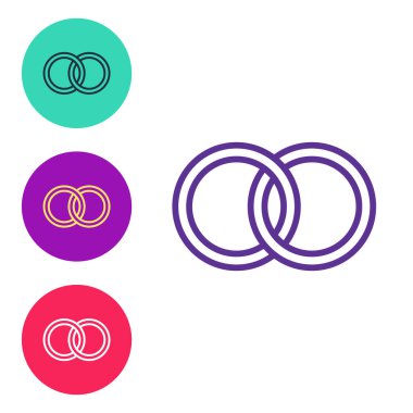 Beyaz arkaplanda izole edilmiş nikah yüzüğü simgesi belirle. Gelin ve damat mücevher tabelası. Evlilik sembolü. Elmas yüzük. Simgeleri renklendirin. Vektör