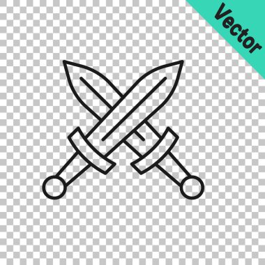 Ortaçağ kılıç simgesini aşan siyah çizgi şeffaf arkaplanda izole edilmiş. Ortaçağ silahı. Vektör