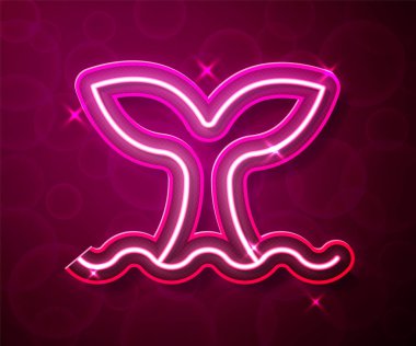 Okyanus dalgası ikonunda parlayan neon hattı Balina kuyruğu kırmızı arka planda izole edildi. Vektör