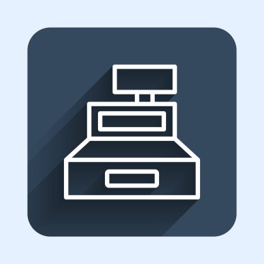 Uzun gölgeli bir çek ikonu olan beyaz çizgi yazar kasa makinesi. Kasiyer tabelası. Tabut sembolü. Mavi kare düğme. Vektör