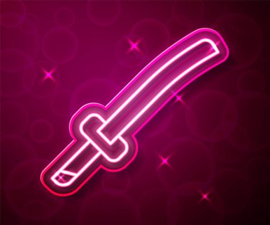 Parlayan neon hattı Geleneksel Japon katana simgesi kırmızı arkaplanda izole edildi. Japon kılıcı. Vektör
