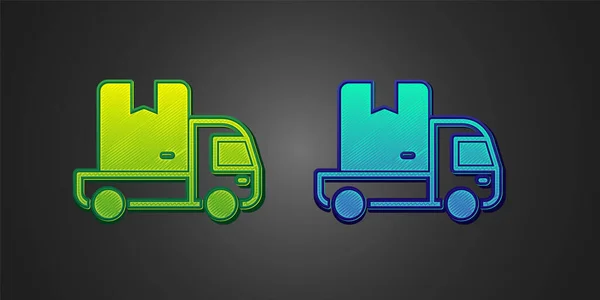 Icône Camion Cargo Livraison Verte Bleue Isolée Sur Fond Noir — Image vectorielle