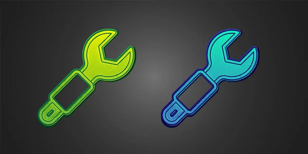 Zelená Modrá Klíč Ikona Izolované Černém Pozadí Nástroj Opravu Klíčů — Stockový vektor