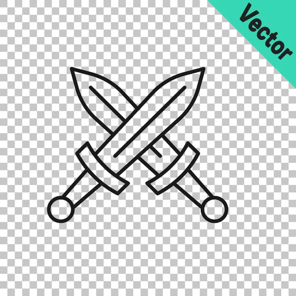 Ortaçağ kılıç simgesini aşan siyah çizgi şeffaf arkaplanda izole edilmiş. Ortaçağ silahı. Vektör