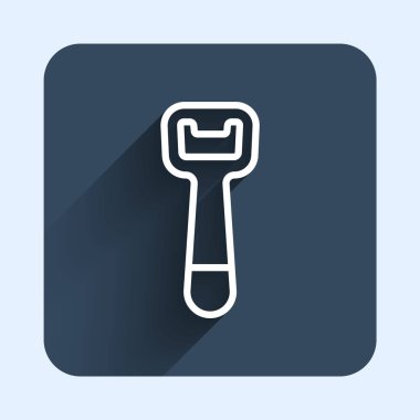 Beyaz çizgi şişe açacağı simgesi uzun gölge arkaplanı ile izole edildi. Mavi kare düğme. Vektör