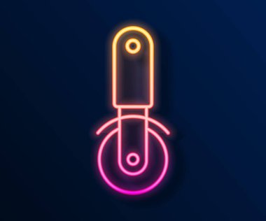 Parlayan neon hattı pizza bıçağı ikonu siyah arka planda izole edildi. Pizza kesme tabelası. Çelik mutfak gereçleri. Vektör