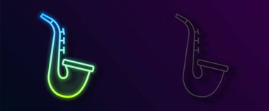 Parlayan neon hattı müzik aleti saksafon ikonu siyah arkaplanda izole edildi. Vektör