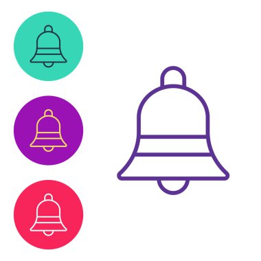 Satır zil simgesi beyaz arkaplanda izole edildi. Alarm sembolü, servis zili, el zili işareti, uyarı sembolü. Simgeleri renklendirin. Vektör