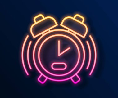 Parlayan neon hattı alarm saati simgesi siyah arkaplanda izole edildi. Uyan, kalk konsepti. Zaman işareti. Vektör