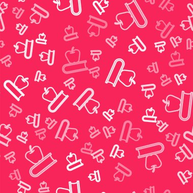 Elma ikonlu beyaz çizgi kitabı kırmızı arka planda kusursuz desen izole etti. Vektör