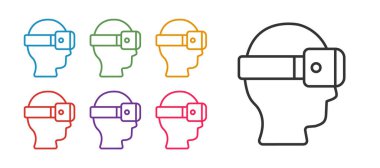 Beyaz arkaplanda sanal gerçeklik gözlüğü simgesi belirle. Stereoskopik 3D VR maskesi. Optik baş monte edildi. Simgeleri renklendirin. Vektör