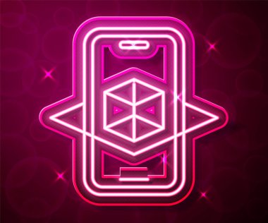 Parlayan neon hattı 3D modelleme simgesi kırmızı arkaplanda izole edildi. Artırılmış gerçeklik mi yoksa sanal gerçeklik mi? Vektör