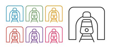 Demiryolu tünelindeki tren hattı beyaz arka planda izole edildi. Demiryolu tüneli. Simgeleri renklendirin. Vektör