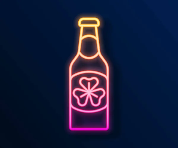 Glowing Neon Line Botol Beer Dengan Ikon Daun Semanggi Terisolasi - Stok Vektor