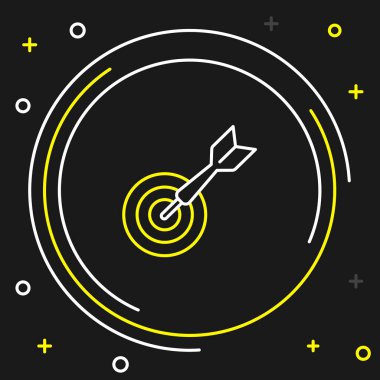 Klasik dart tahtası ve ok simgesi siyah arkaplanda izole edildi. Dartboard işareti. Oyun konsepti. Renkli taslak konsepti. Vektör