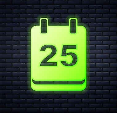 Parlayan neon rengi Noel takvim simgesi tuğla duvar arkasında izole edilmiş. Olay hatırlatma sembolü. Mutlu Noeller ve mutlu yıllar. Vektör