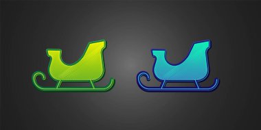 Siyah arka planda yeşil ve mavi Noel Baba kızak ikonu var. Mutlu Noeller ve mutlu yıllar. Vektör