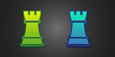 Siyah arkaplanda yeşil ve mavi satranç simgesi var. İş stratejisi. Oyun, yönetim, finans. Vektör
