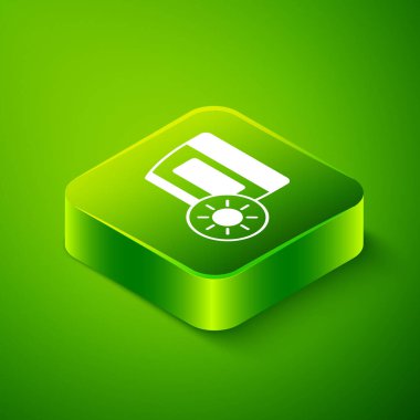 Yeşil arkaplanda izole edilmiş tüp simgesiyle Isometric Güneş kremi. Cilt için güneş ultraviyole ışığından koruma. Yeşil kare düğmesi. Vektör