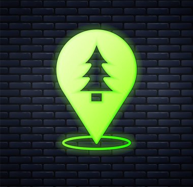 Ormanın parlayan neon konumu tuğla duvar arka planında izole edilmiş bir harita simgesi üzerinde. Vektör