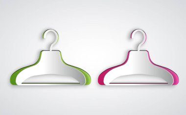 Kağıt kesiği gardırop simgesi gri arka planda izole edilmiş. Vestiyer ikonu. Kıyafet servis sembolü. Çamaşır askı tabelası. Kağıt sanatı tarzı. Vektör