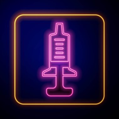 Parlayan neon şırınga simgesi siyah arkaplanda izole edildi. Aşı için şırınga, aşı, iğne, grip aşısı. Tıbbi ekipman. Vektör