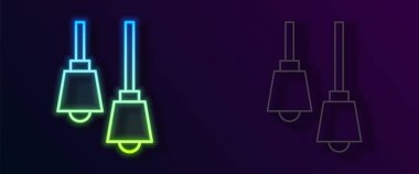 Parlayan neon hattı lambanın asılı ikonu siyah arkaplanda izole edildi. Tavan lambası ampulü. Vektör