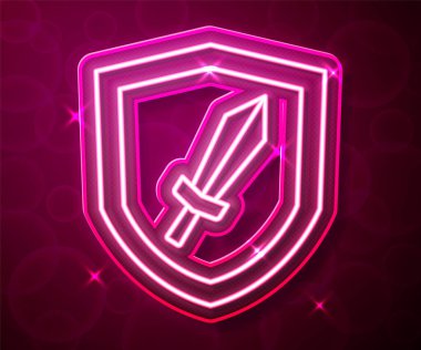 Kırmızı arkaplanda izole edilmiş oyun simgesi için parlayan neon çizgisi Kılıç. Vektör