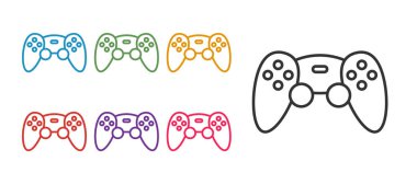 Oyun konsolu simgesi için oyun konsolu denetleyicisini veya joystick 'i beyaz arkaplanda izole et. Simgeleri renklendirin. Vektör