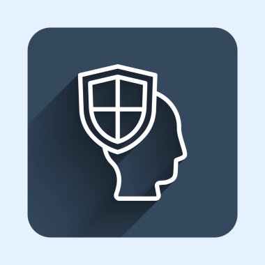 Beyaz çizgi Hayat Sigortası, uzun gölge arkaplanlı bir kalkan ikonu. Güvenlik, güvenlik, koruma, konsept koruma. Mavi kare düğme. Vektör