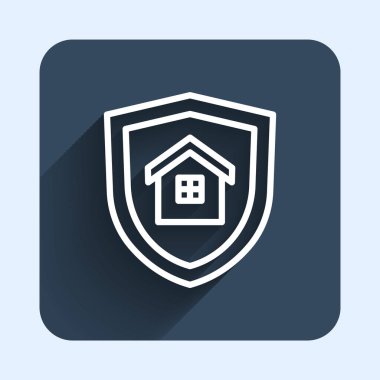 Beyaz Saray, uzun gölge arkaplan ikonuyla izole edilmiş. Sigorta konsepti. Güvenlik, güvenlik, koruma, konsept koruma. Mavi kare düğme. Vektör