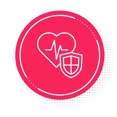 Beyaz çizgi Hayat Sigortası, beyaz arka planda kalkan simgesi var. Güvenlik, güvenlik, koruma, konsept koruma. Kırmızı daire düğmesi. Vektör