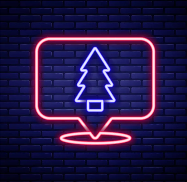 Gloeiende Neon Lijn Kerstboom Pictogram Geïsoleerd Baksteen Muur Achtergrond Vrolijk — Stockvector