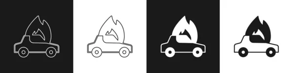 Set Burning Car Icon Isolated Black White Background Car Fire — Stock Vector