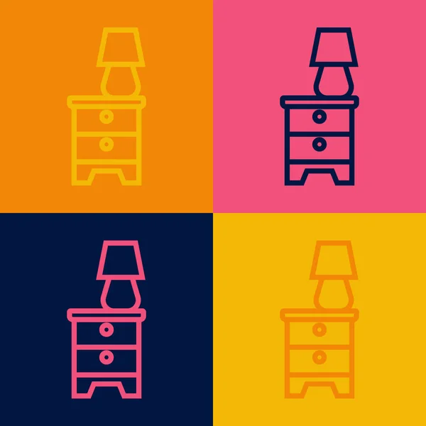 流行艺术线家具床头柜与灯图标隔离的色彩背景 — 图库矢量图片