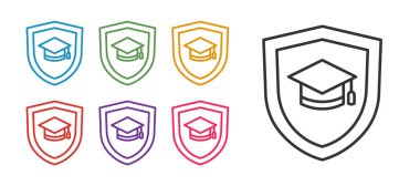 Beyaz arkaplanda kalkan simgesi izole edilmiş çizgi mezuniyet başlığını ayarla. Sigorta konsepti. Güvenlik, güvenlik, koruma, konsept koruma. Simgeleri renklendirin. Vektör