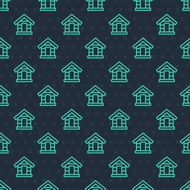 Yeşil çizgi köpek evi ikonu mavi arka planda kusursuz desen izole etti. Köpek kulübesi. Vektör