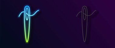 Siyah arkaplanda izole edilmiş iplik simgesi dikmek için parlayan neon hattı iğnesi. Terzi sembolü. Tekstil el sanatları tabelasını diker. Nakış aletleri. Vektör