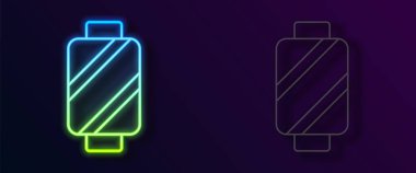 Parlayan neon çizgisi, siyah arkaplanda izole edilmiş makara simgesine iplik dikmek. İplik makarası. İplik kutusu. Vektör