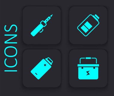 Alet kutusu elektrikçisi, lehim makinesi, pil şarjı ve ikon ayarla. Siyah kare düğme. Vektör