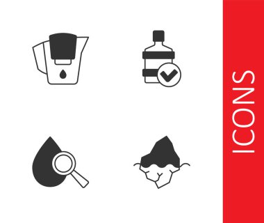 Buzdağı, filtreli su testisi, büyüteç ve büyük bir şişe temiz su ikonu. Vektör