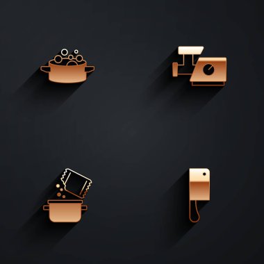 Yemek tenceresi, mutfak kıyma makinesi ve uzun gölgeli baharat ve et doğrayıcı ikonu hazırla. Vektör