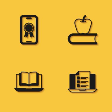 Diploma, sınav, sınav, inceleme, sınıf ve uzun gölgeli kitap ikonu ile çevrimiçi eğitim ayarlayın. Vektör