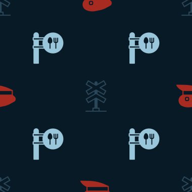 Tren şöförü şapkası, tren yolu kavşağı, kafe ve restoran yerlerini kusursuz bir şekilde ayarlayın. Vektör