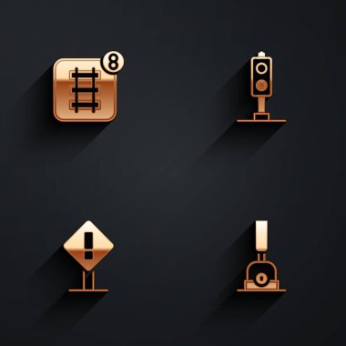 Çevrimiçi bilet rezervasyonu, tren trafik ışığı, ünlem işareti meydanı ve Ok 'u tren yolu simgesini uzun gölgeyle değiştirdikleri için ayarla. Vektör