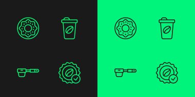 Kahve, kahve filtresi tutacağı, çörek ve kupanın simgelenmesi için hat madalyası ayarlayın. Vektör