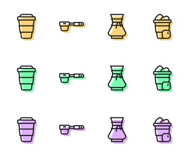 Çizgiyi kahve makinesinin üzerine dök, kahve bardağını paket yap, filtre tutacağı ve buzlu ikon koy. Vektör