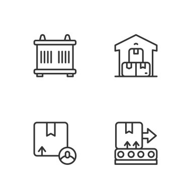 Çizgi taşıma bandını kutuyla, kartonla, konteynırla ve tam depo simgesiyle ayarla. Vektör