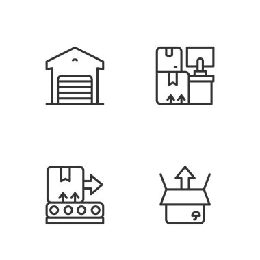 Boks, konveyör bandı, depo ve kutu simgesi ayarlayın. Vektör